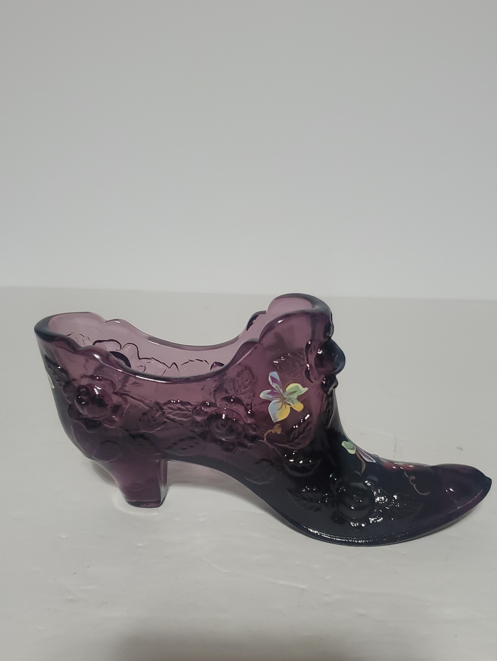 Vtg Fenton Amethyst Hand Painted Glass Slipper